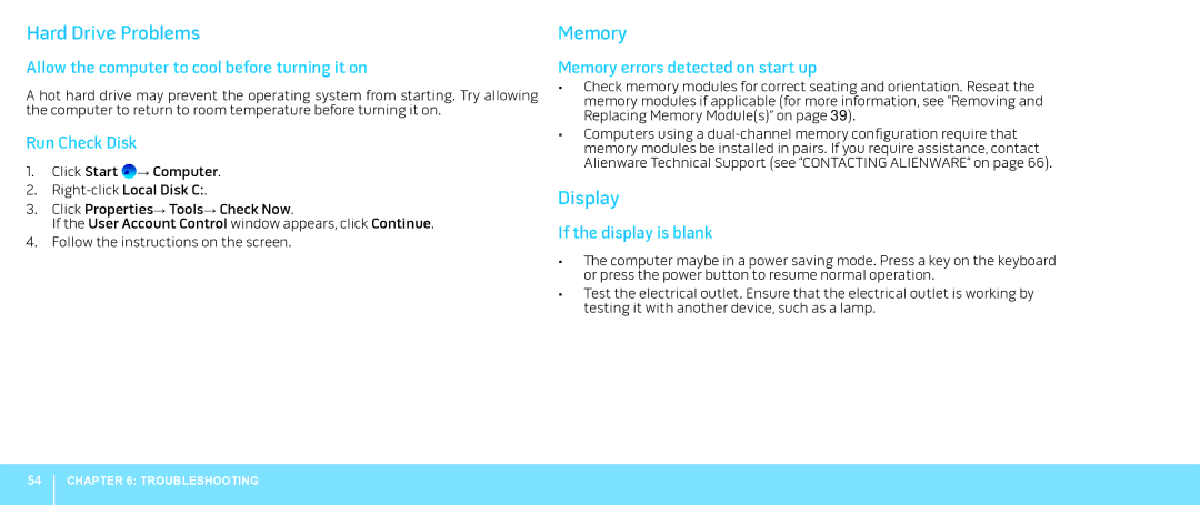 Alienware Aurora manual Hard Drive Problems, Memory, Display 