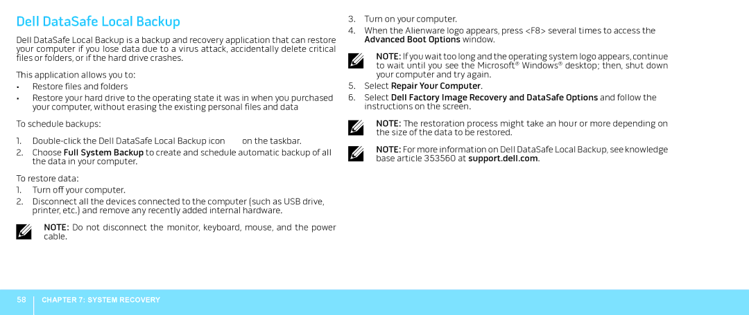 Alienware Aurora manual Dell DataSafe Local Backup 