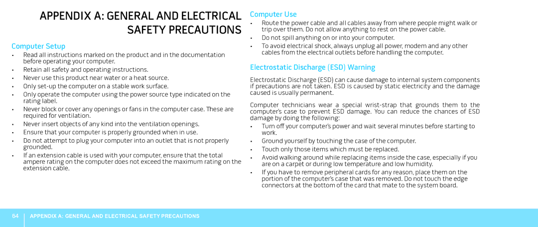 Alienware Aurora manual Computer Setup, Computer Use, Electrostatic Discharge ESD Warning 