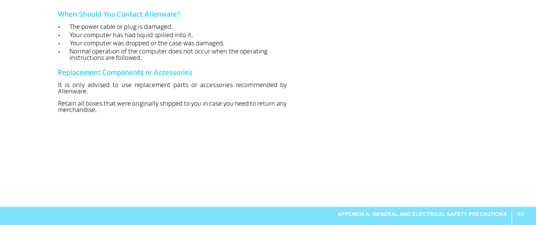 Alienware Aurora manual When Should You Contact Alienware?, Replacement Components or Accessories 