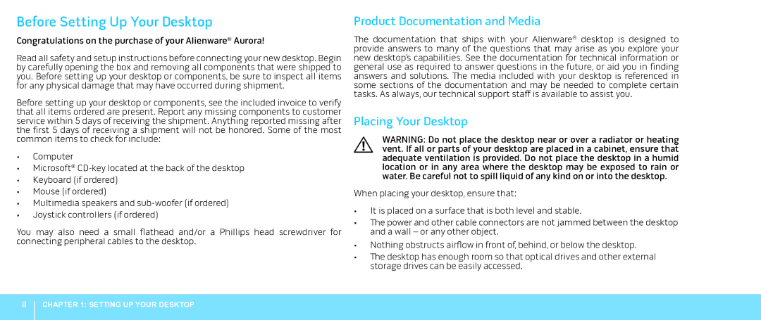 Alienware Aurora manual Before Setting Up Your Desktop, Product Documentation and Media, Placing Your Desktop 