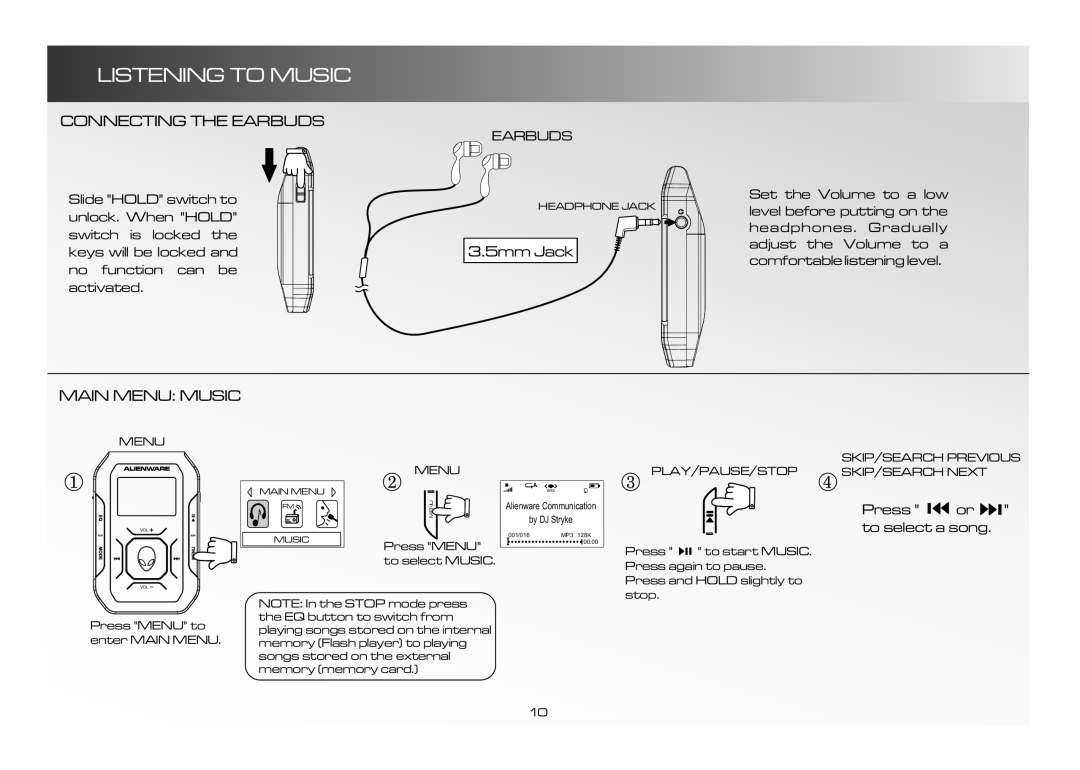 Alienware CE-IV manual Listening to Music, Connecting the Earbuds, 5mm Jack, Main Menu Music 