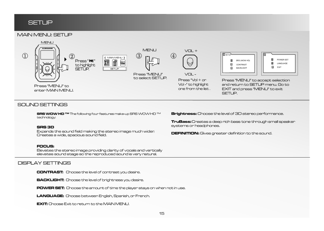 Alienware CE-IV manual Main Menu Setup, Sound Settings, Display Settings 