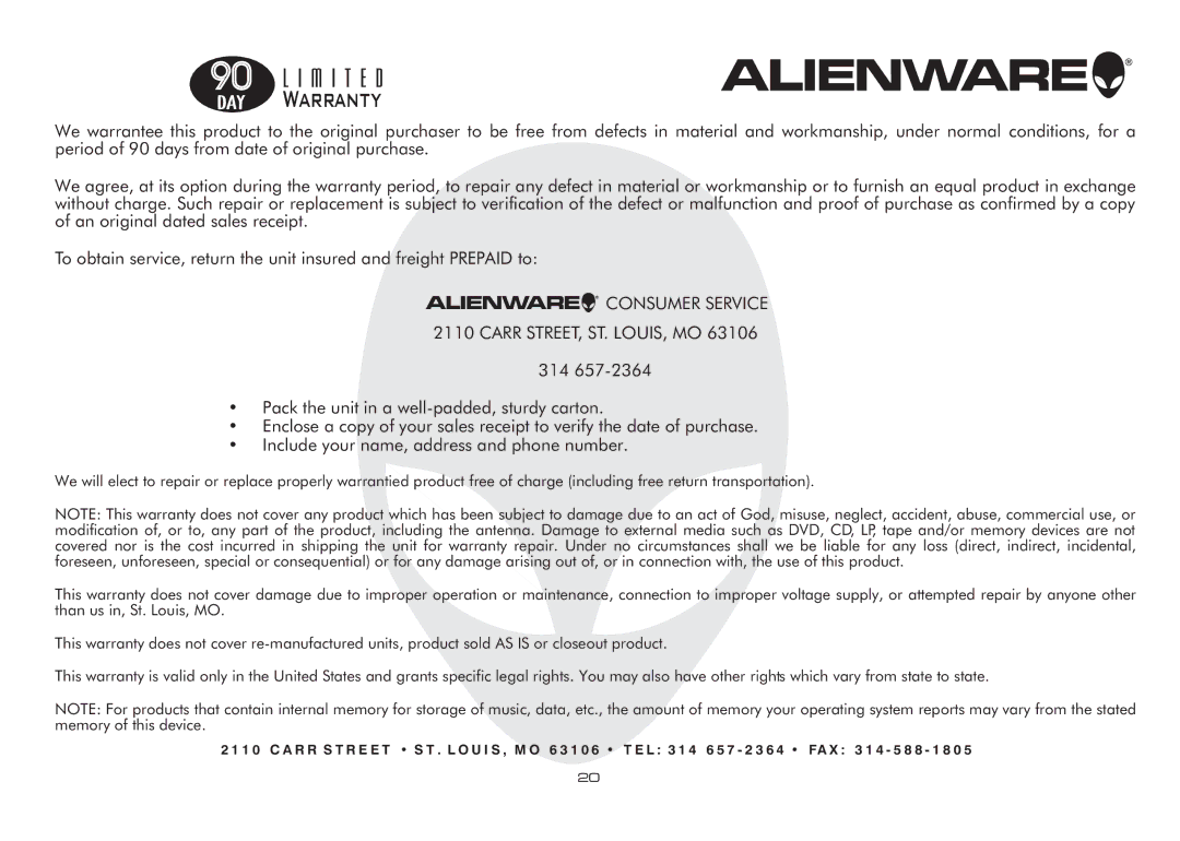 Alienware CE-IV manual Warranty, Consumer Service Carr STREET, ST. LOUIS, MO 