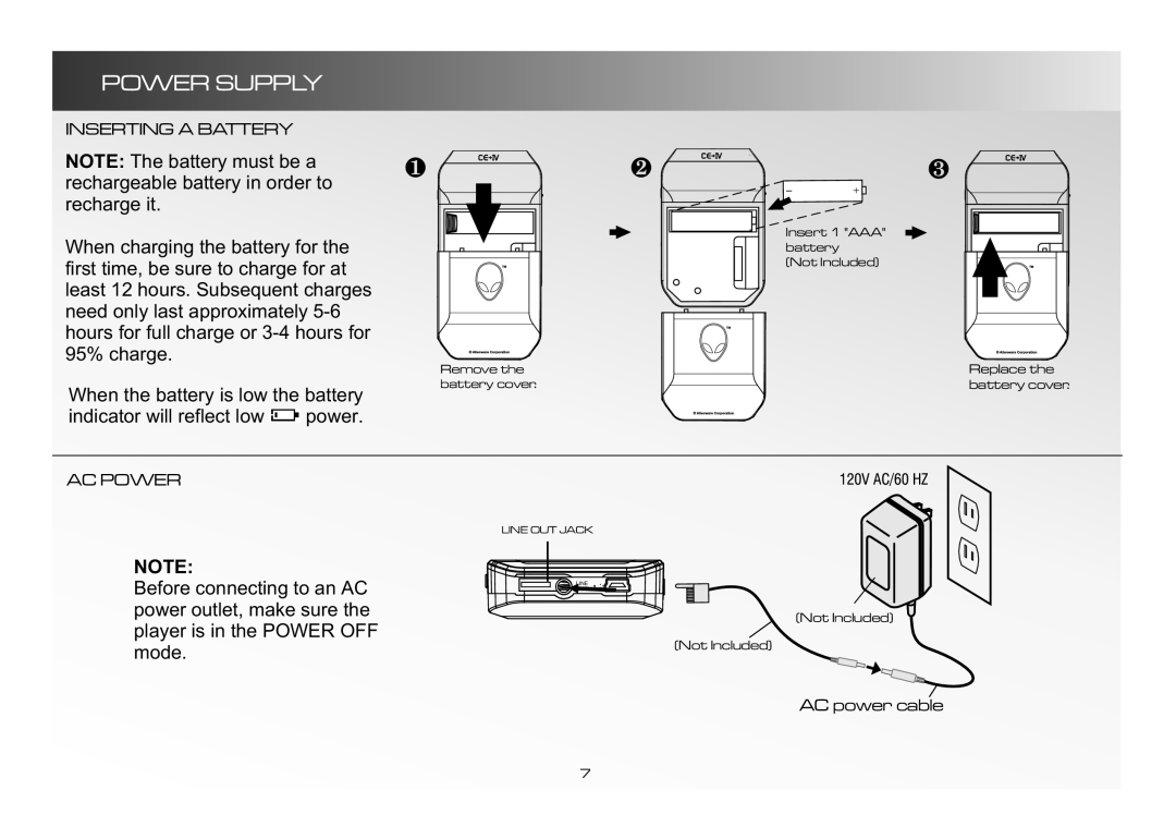 Alienware CE-IV manual Power Supply, Inserting a Battery, AC Power, AC power cable 