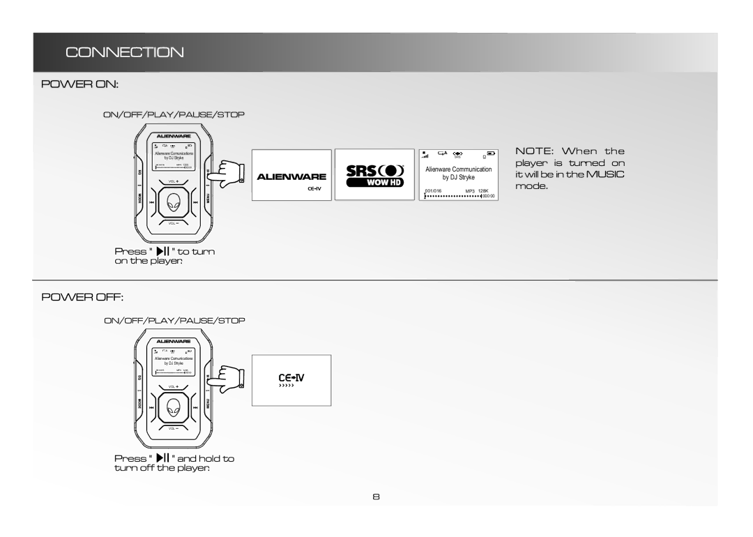 Alienware CE-IV manual Connection, Power on, Power OFF, On/Off/Play/Pause/Stop 