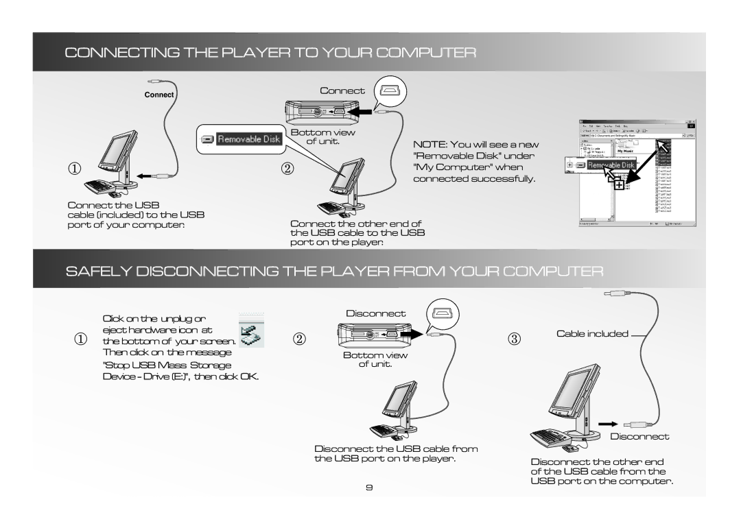 Alienware CE-IV manual Connecting the Player to Your Computer, Safely Disconnecting the Player from Your Computer 