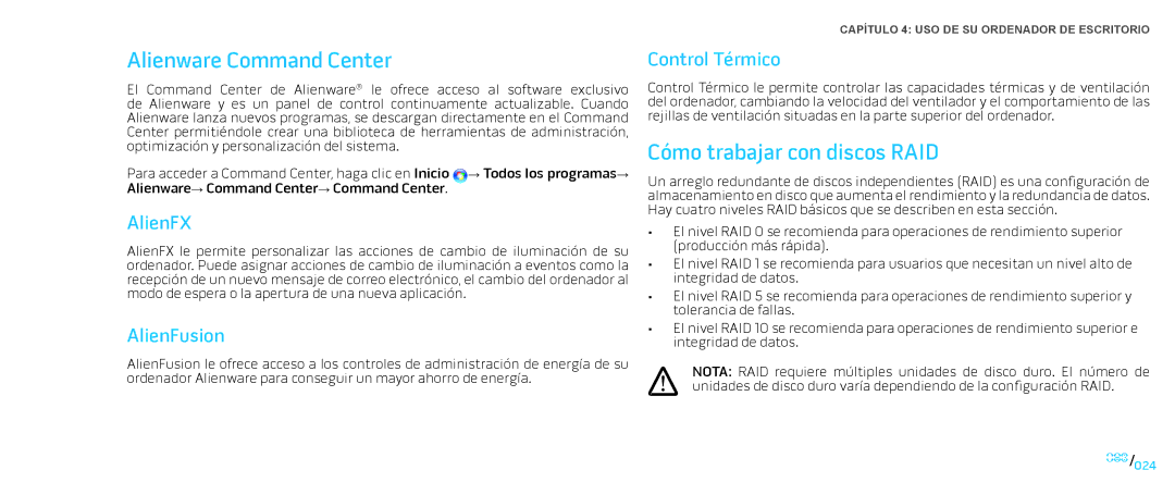 Alienware D0IX manual Alienware Command Center, Cómo trabajar con discos RAID, AlienFX, AlienFusion, Control Térmico 