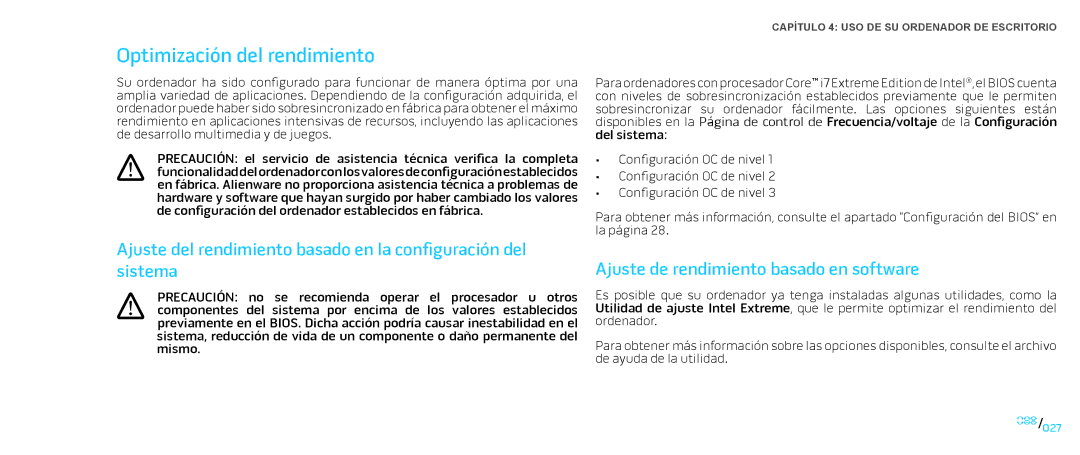 Alienware D0IX manual Optimización del rendimiento, Ajuste de rendimiento basado en software 