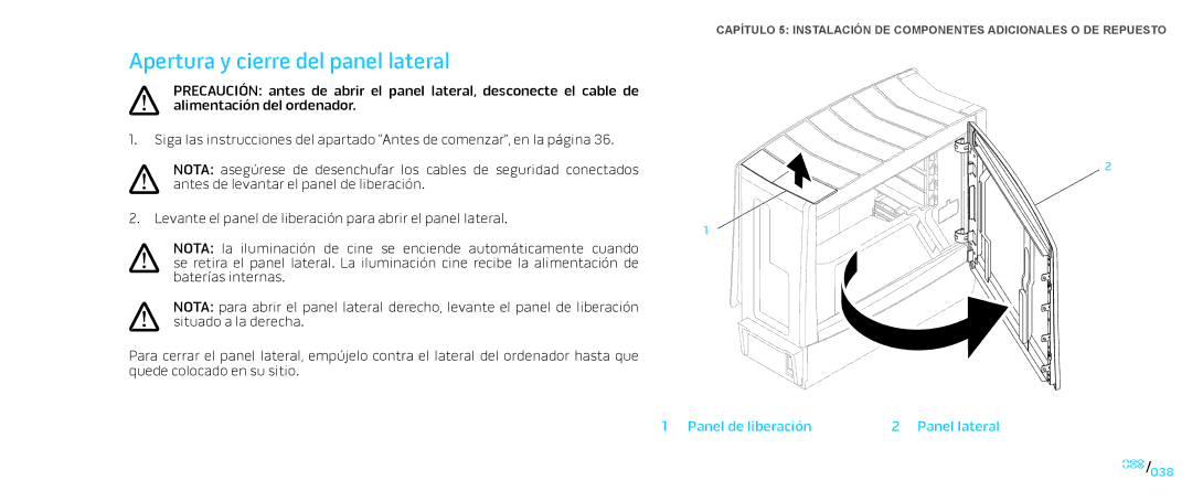 Alienware D0IX manual Apertura y cierre del panel lateral 