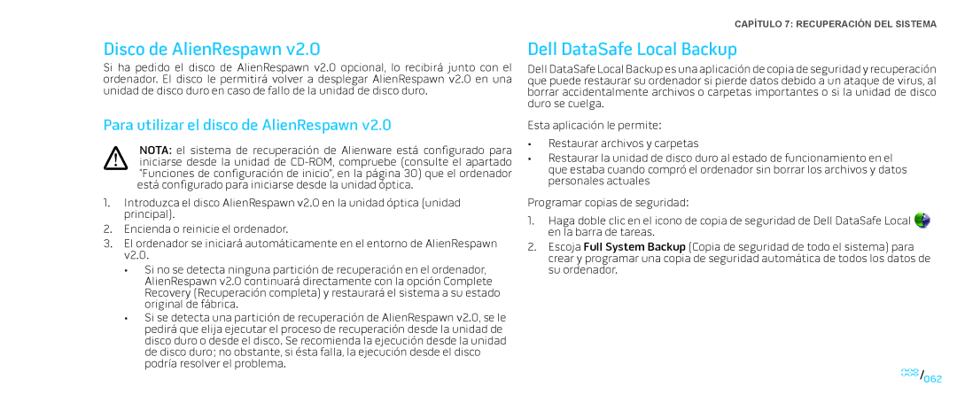 Alienware D0IX manual Disco de AlienRespawn, Dell DataSafe Local Backup, Para utilizar el disco de AlienRespawn 