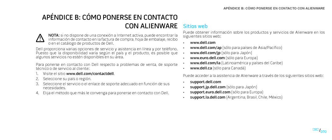 Alienware D0IX manual Apéndice B Cómo Ponerse EN Contacto CON Alienware, Sitios web 