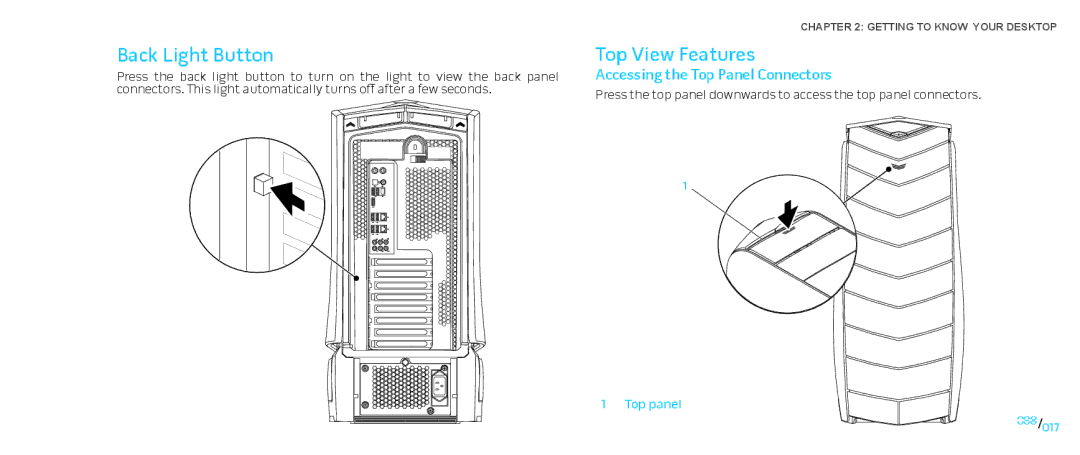 Alienware D0IX001 manual Back Light Button, Top View Features, Accessing the Top Panel Connectors 