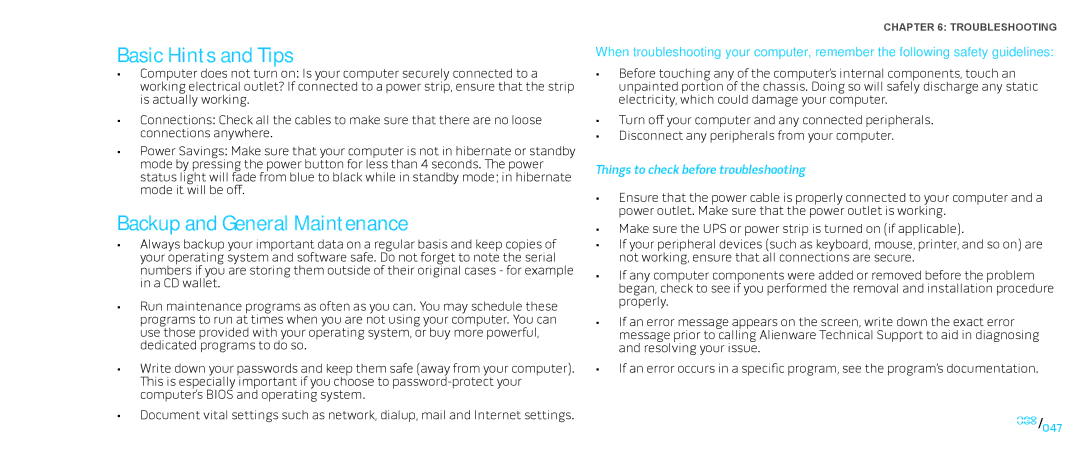 Alienware D0IX001 manual Basic Hints and Tips, Backup and General Maintenance 