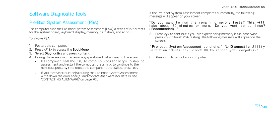 Alienware D0IX001 manual Software Diagnostic Tools, Pre-Boot System Assessment PSA 