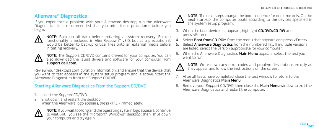 Alienware D0IX001 manual Starting Alienware Diagnostics From the Support CD/DVD 