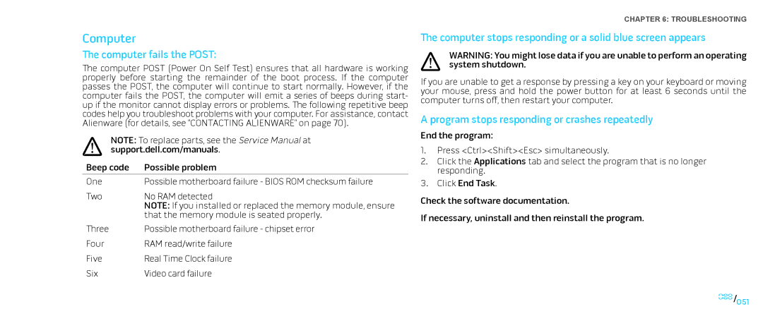 Alienware D0IX001 manual Computer fails the Post, Computer stops responding or a solid blue screen appears 