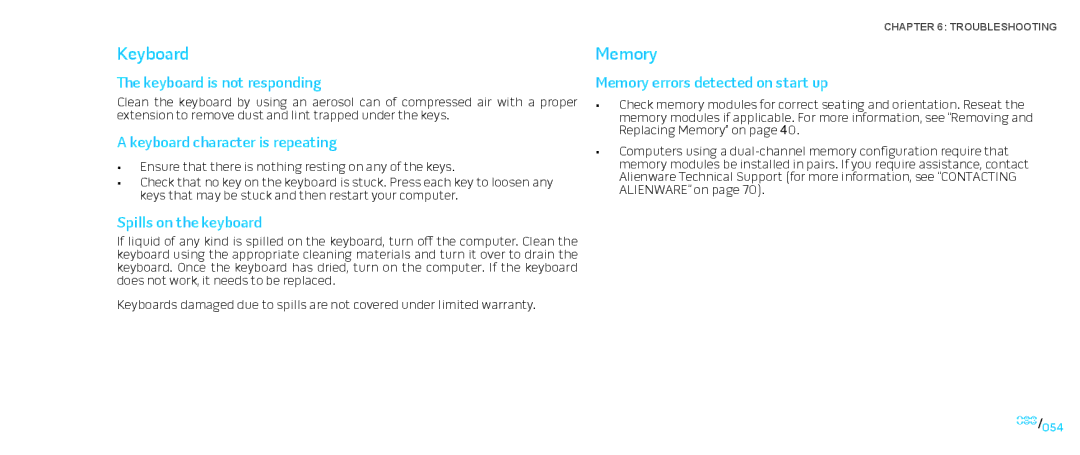 Alienware D0IX001 manual Keyboard, Memory 