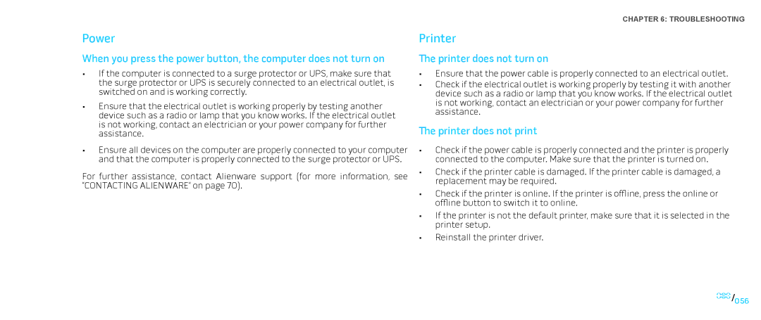 Alienware D0IX001 manual Power, Printer does not turn on, Printer does not print 