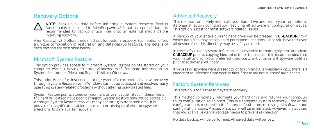 Alienware D0IX001 manual Recovery Options, Microsoft System Restore, Advanced Recovery, Factory System Recovery 