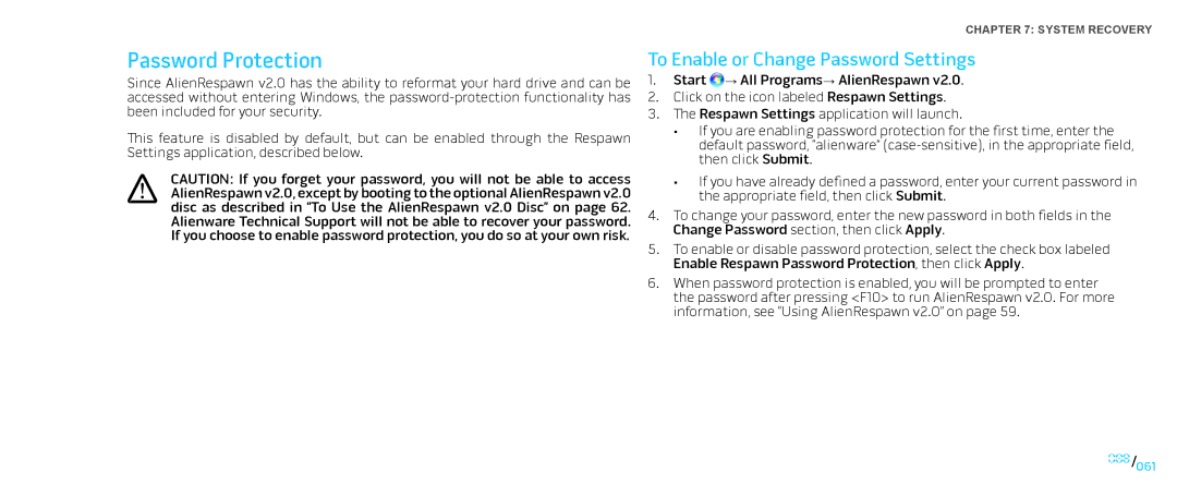 Alienware D0IX001 manual Password Protection, To Enable or Change Password Settings 