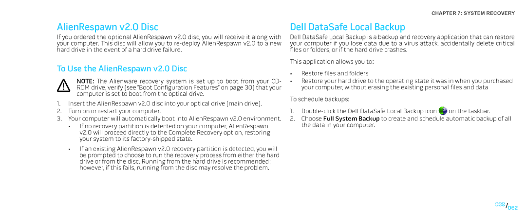 Alienware D0IX001 manual Dell DataSafe Local Backup, To Use the AlienRespawn v2.0 Disc 