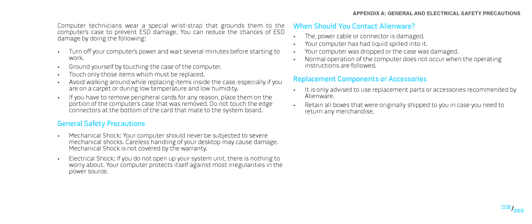 Alienware D0IX001 General Safety Precautions, When Should You Contact Alienware?, Replacement Components or Accessories 