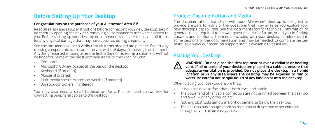 Alienware D0IX001 manual Before Setting Up Your Desktop, Product Documentation and Media, Placing Your Desktop 