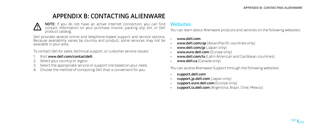 Alienware D0IX001 manual Appendix B Contacting Alienware, Websites 