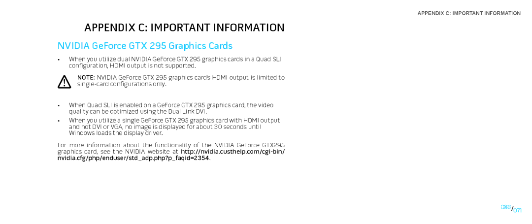 Alienware D0IX001 manual Appendix C Important Information, Nvidia GeForce GTX 295 Graphics Cards 