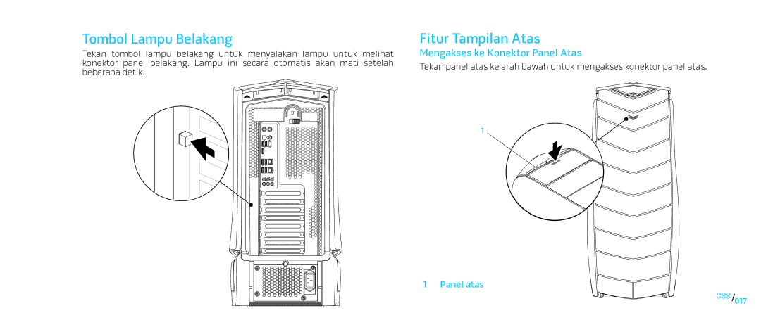 Alienware D0IX001 manual Tombol Lampu Belakang, Fitur Tampilan Atas, Mengakses ke Konektor Panel Atas 