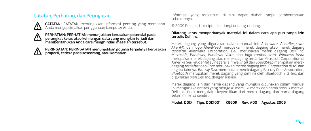 Alienware D0IX001 manual Catatan, Perhatian, dan Peringatan 
