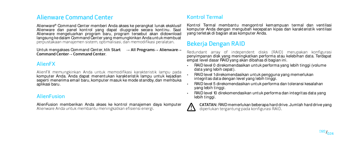 Alienware D0IX001 manual Alienware Command Center, Bekerja Dengan RAID, AlienFX, AlienFusion, Kontrol Termal 