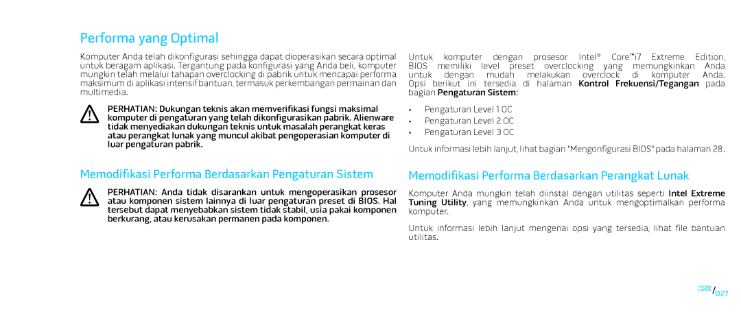 Alienware D0IX001 manual Performa yang Optimal, Bios 