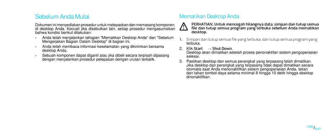 Alienware D0IX001 manual Sebelum Anda Mulai, MematikanMDesktop Anda 