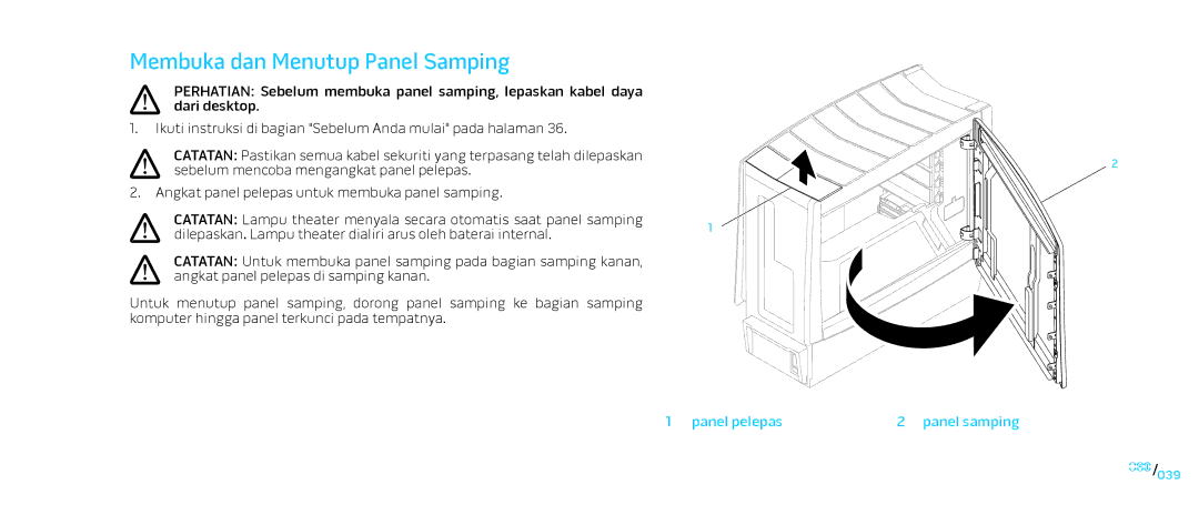 Alienware D0IX001 manual Membuka dan Menutup Panel Samping 