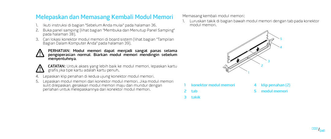 Alienware D0IX001 manual Melepaskan dan Memasang Kembali Modul Memori 