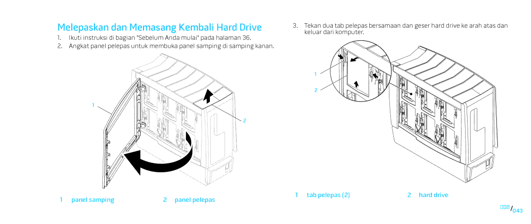 Alienware D0IX001 manual Melepaskan dan Memasang Kembali Hard Drive, Panel samping Panel pelepas Tab pelepas Hard drive 