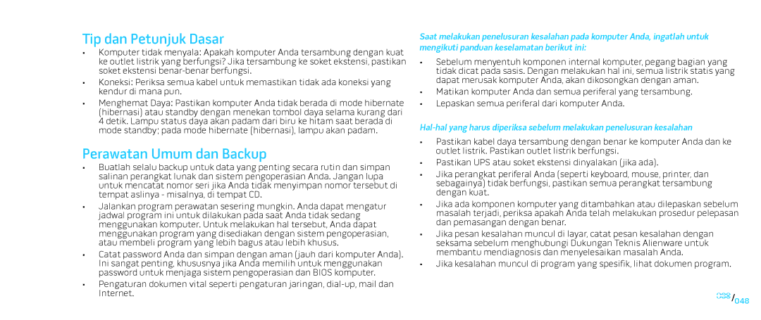 Alienware D0IX001 manual Tip dan Petunjuk Dasar, Perawatan Umum dan Backup 