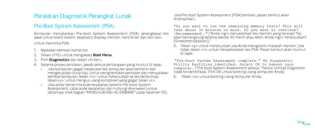 Alienware D0IX001 manual Peralatan Diagnostik Perangkat Lunak, Pre-Boot System Assessment PSA 