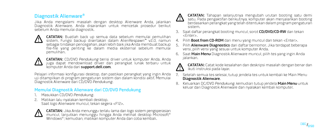 Alienware D0IX001 manual Memulai Diagnostik Alienware dari CD/DVD Pendukung 