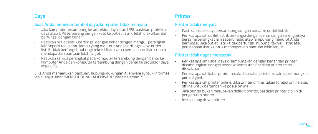 Alienware D0IX001 manual Daya, Saat Anda menekan tombol daya, komputer tidak menyala, Printer tidak menyala 