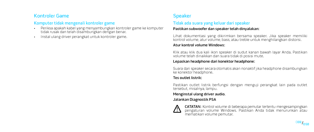 Alienware D0IX001 manual Kontroler Game, Speaker, Komputer tidak mengenali kontroler game 