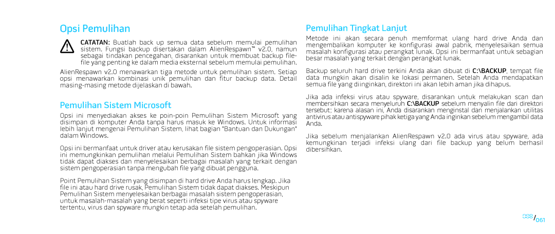 Alienware D0IX001 manual Opsi Pemulihan, Pemulihan Sistem Microsoft, Pemulihan Tingkat Lanjut 