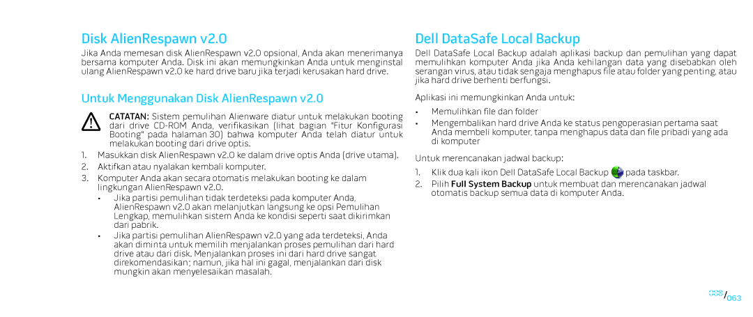 Alienware D0IX001 manual Dell DataSafe Local Backup, Untuk Menggunakan Disk AlienRespawn 