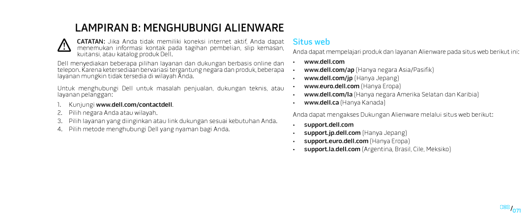 Alienware D0IX001 manual Lampiran B Menghubungi Alienware, Situs web 