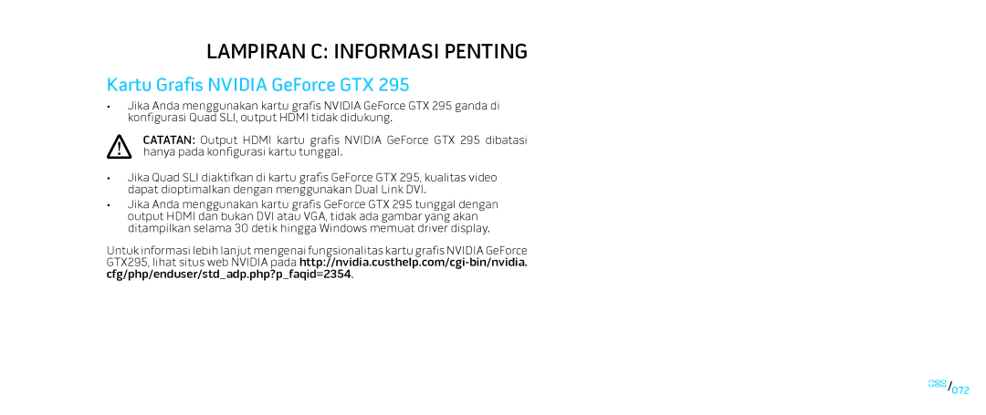 Alienware D0IX001 manual Lampiran C Informasi Penting, Kartu Grafis Nvidia GeForce GTX 