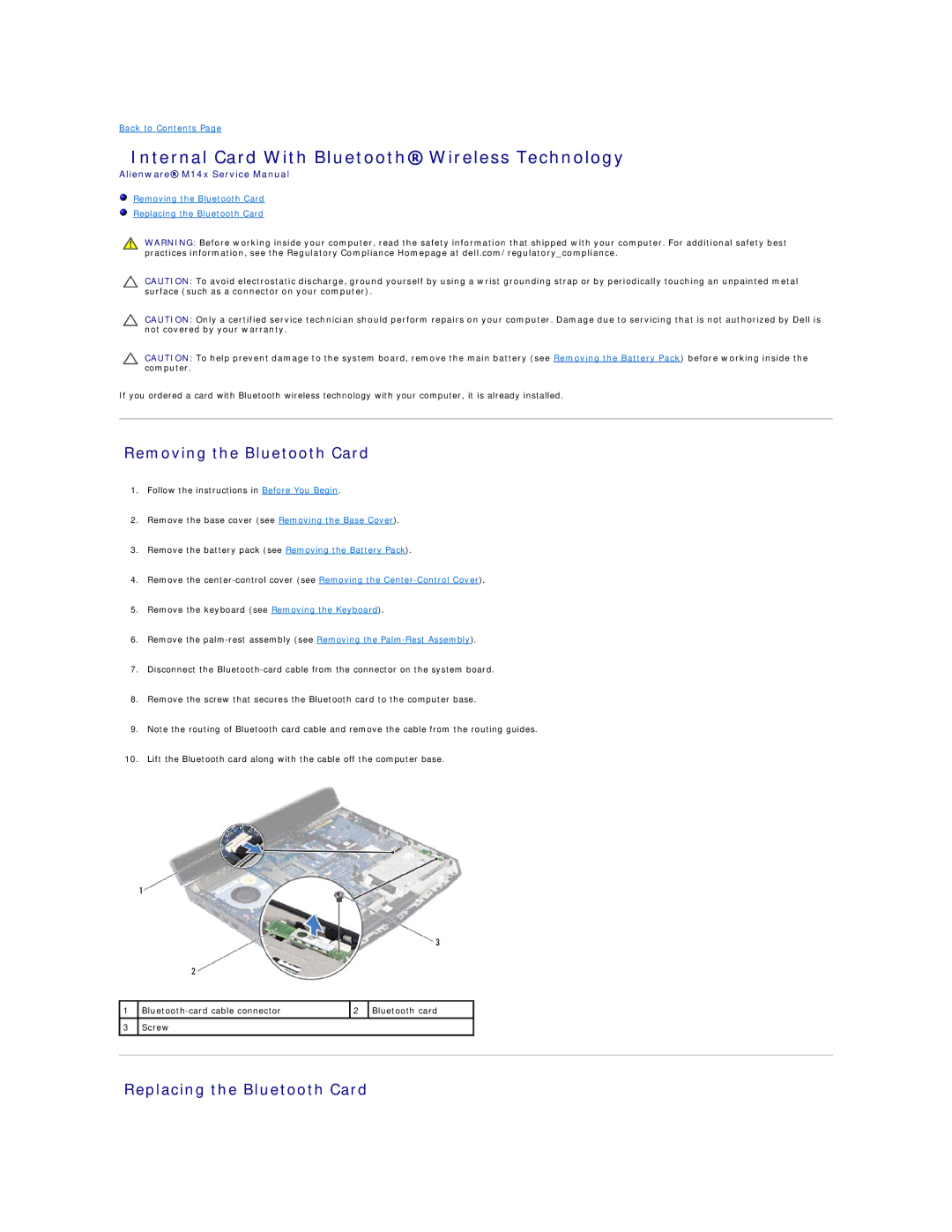 Alienware M14X Internal Card With Bluetooth Wireless Technology, Removing the Bluetooth Card, Replacing the Bluetooth Card 