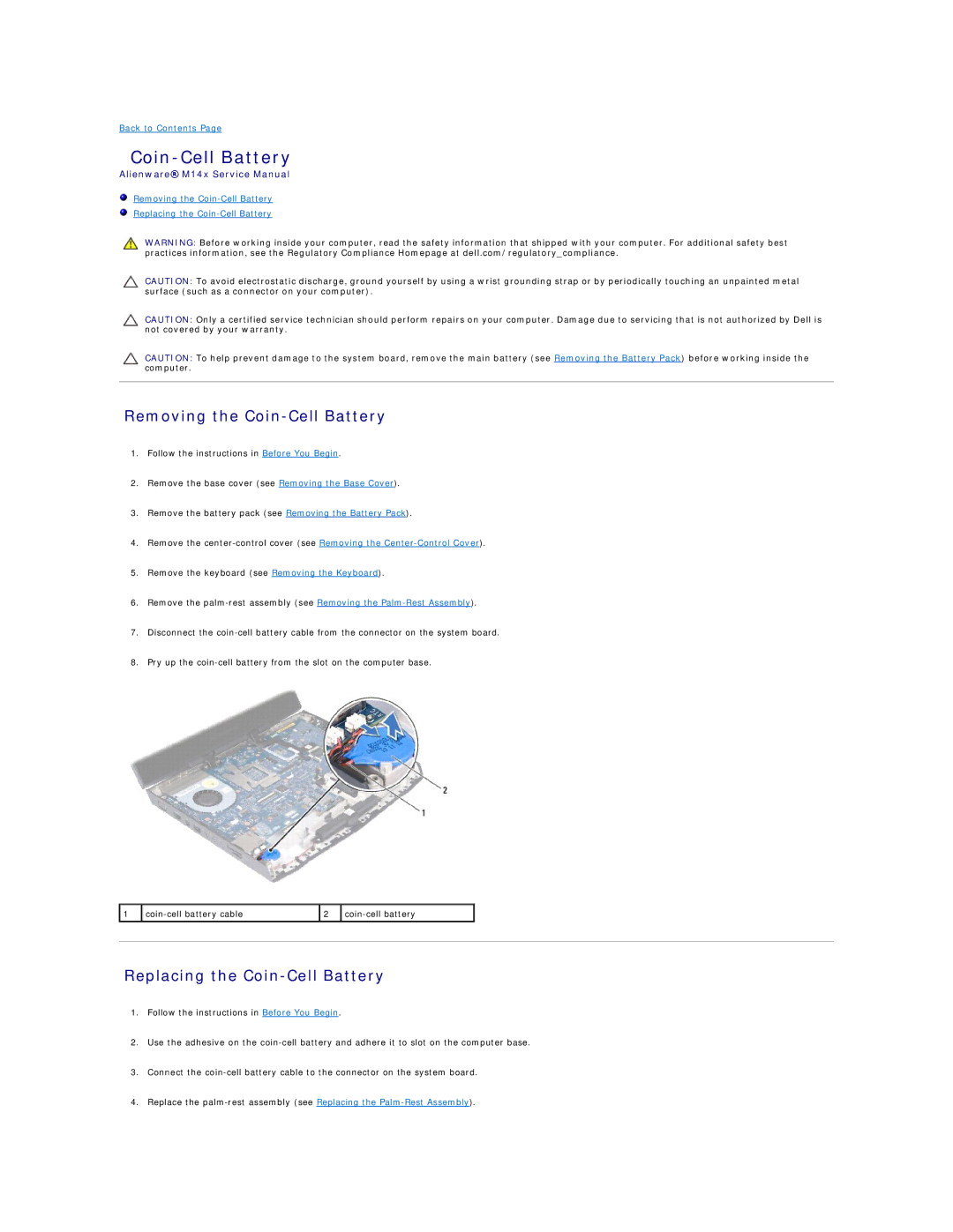 Alienware M14X service manual Removing the Coin-Cell Battery, Replacing the Coin-Cell Battery 