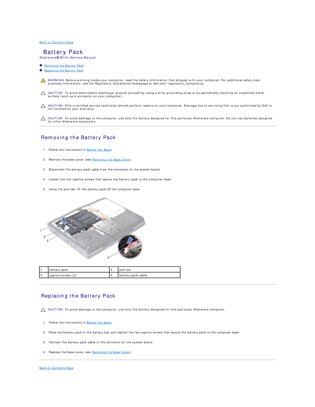 Alienware M14X service manual Removing the Battery Pack, Replacing the Battery Pack 